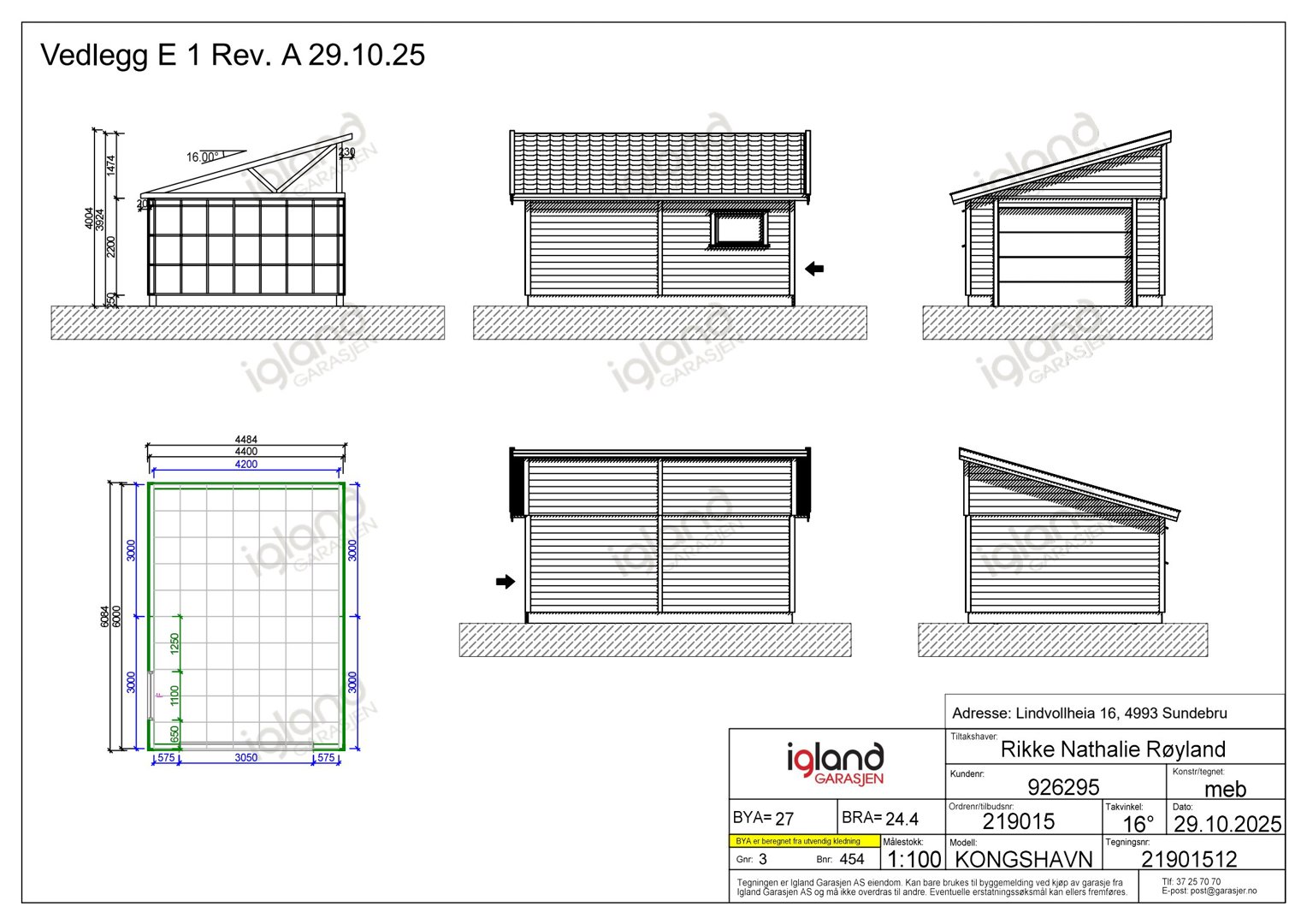 Fasadetegning som viser oppriss av en garasje sett fra flere vinkler (front, side og bak), inkludert mål og detaljer.
