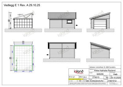 Fasadetegning som viser oppriss av en garasje sett fra flere vinkler (front, side og bak), inkludert mål og detaljer.