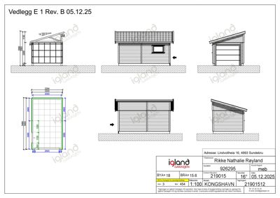 Fasadetegning som viser oppriss av en garasje sett fra ulike vinkler (front, side og takperspektiv), inkludert mål og detaljer.