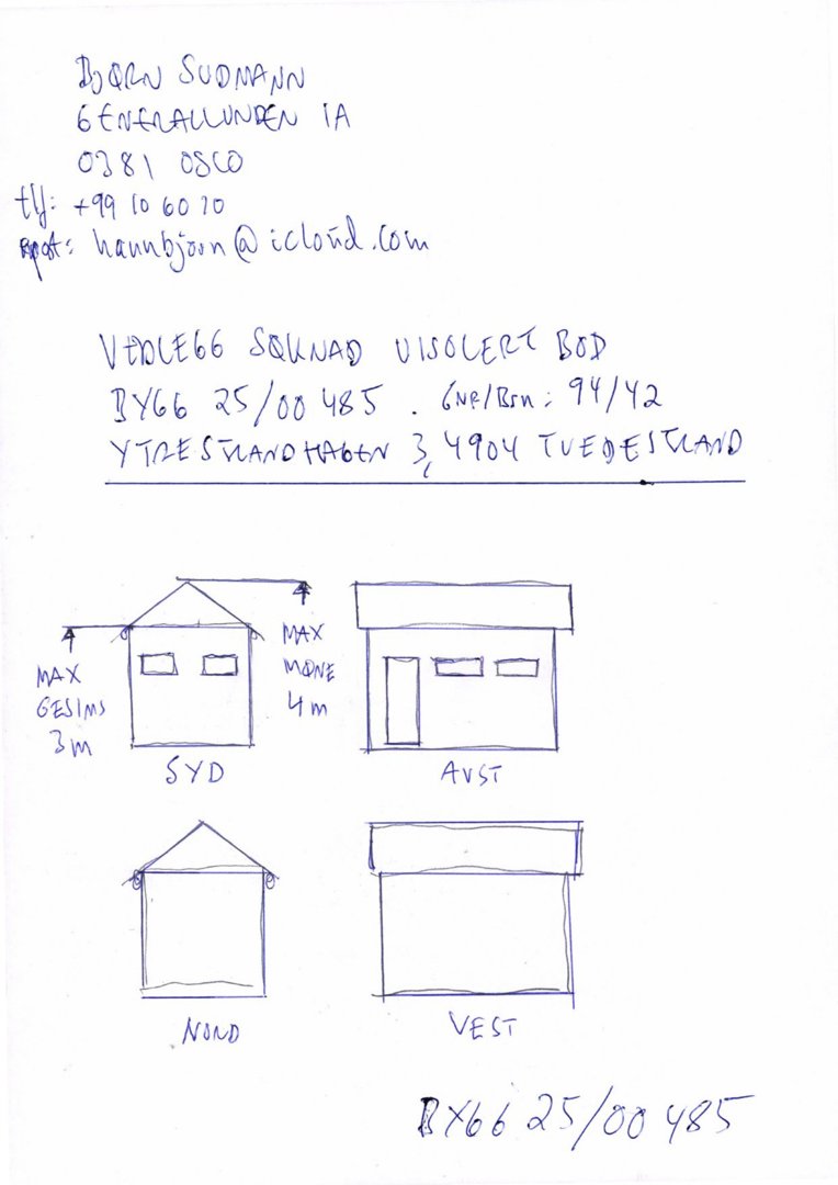 Håndtegnet oppriss (fasadetegning) av en bygning med utsnitt mot Sør, Vest, Nord og Øst, inkludert mål for maksimalt takhøyde.