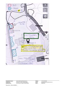 Kart over et område med bygningsplasseringer, vegnavn (Ytre Strandhagen) og håndskrevne notater om grenser og areal.