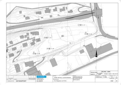 Situasjonsplan som viser topografi, eksisterende bygninger, veier og planlagt arealbruk for et nærings- og aktivitetspark-prosjekt.