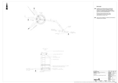 Tegning som viser detaljerte opplysninger om en overgang eller utvidelse av et eksisterende system (sannsynligvis kloakk), inkludert dimensjoner, materialer og konstruksjonsdetaljer.