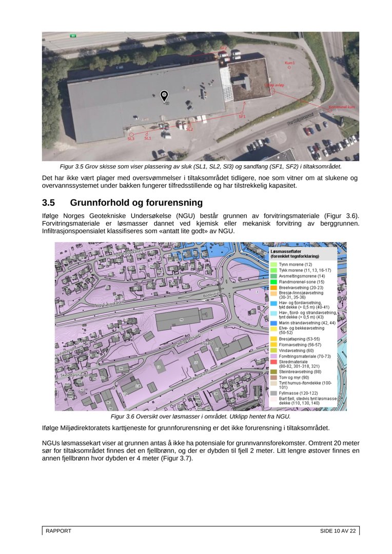 Luftfoto av et område med en bygning, parkeringsplass og omgivende natur. Bildet er brukt i en rapport for å illustrere plassering av sluk og samlingsfelt.