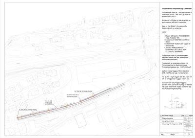 Situasjonsplan som viser eksisterende og planlagt plassering av velysmaest og kablerase i forhold til omgivelsene.