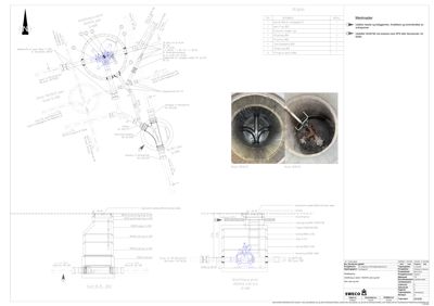 Tegning som viser detaljert utforming av en brønn (SV2501/SV2504) med dimensjoner, materialer og tilknytninger til rørledninger.