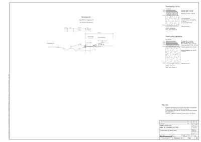 Tegning som viser normalprofil og detaljer for overbygging av fortau og sjørebane, inkludert konstruksjonsdetaljer og merknader.