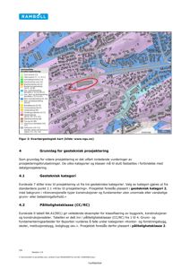 Et kvartærgeologisk kart over et byggeområde med en markert tomt (rød sirkel) og tekst om geotekniske vurderinger.