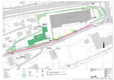 Situasjonsplan som viser eksisterende og planlagt infrastruktur (rørledninger, kabler) i forhold til eksisterende bygg og vegnett.