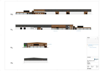 Fasadetegning som viser bygningens utseende fra fire sider: Nord, Sør, Øst og Vest.