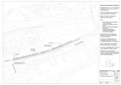 Detaljtegning for eksisterende og nytt velysmaast og kabelfrase med teknisk spesifikasjon av materialer og utlegging.