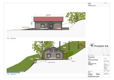 Fasadetegning som viser bygningens utseende fra nord og vest, inkludert mål, terrengforhold og detaljer.