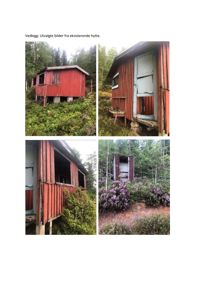 Fotografier av en eksisterende rød hytte i skog, inkludert utsnitt av fasade og omgivelser.