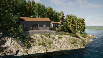 3D-visualisering av en hytte på en klipperand ved vannet, inkludert omgivelser og landskap.
