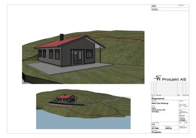 3D-visualisering (perspektiv) av en hytte sett fra utsiden, inkludert omgivelsene.