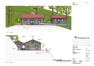 Fasadetegning som viser bygningens utseende fra sør og øst, inkludert mål, høyder og terrengforhold.