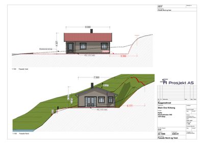 Fasadetegning som viser bygningens utseende sett fra nord og vest, inkludert mål, terrengforhold og eksisterende terreng.