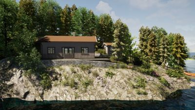 3D-visualisering av en hytte på en klipperommet ved vannet, inkludert omgivende natur og landskap.