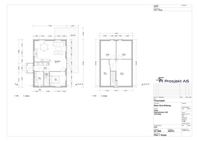 Etasjeplaner for en hytte, som viser romfordeling og dimensjoner for 1. og 2. etasje.