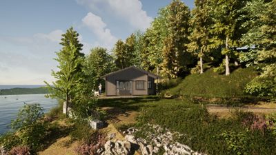 3D-visualisering av en hytte ved vannet med omgivende natur.