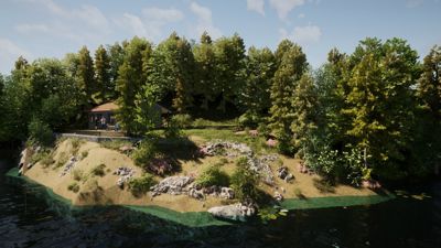 3D-visualisering av en hytte eller bygning plassert på en holme eller kystlinje, omgitt av skog og vann.