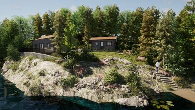 3D-visualisering av to hytter på en klipperand med trapper og vegetasjon.