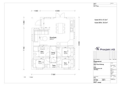 Etasjeplan (1. etasje) for en hytte, som viser romfordeling, dimensjoner og arealer.