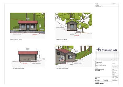 Fasadetegning for en annex (tilbygg) med oppriss fra fire sider (Øst, Vest, Nord, Sør). Tegningen viser mål, terrengforhold og detaljer for terrassen.