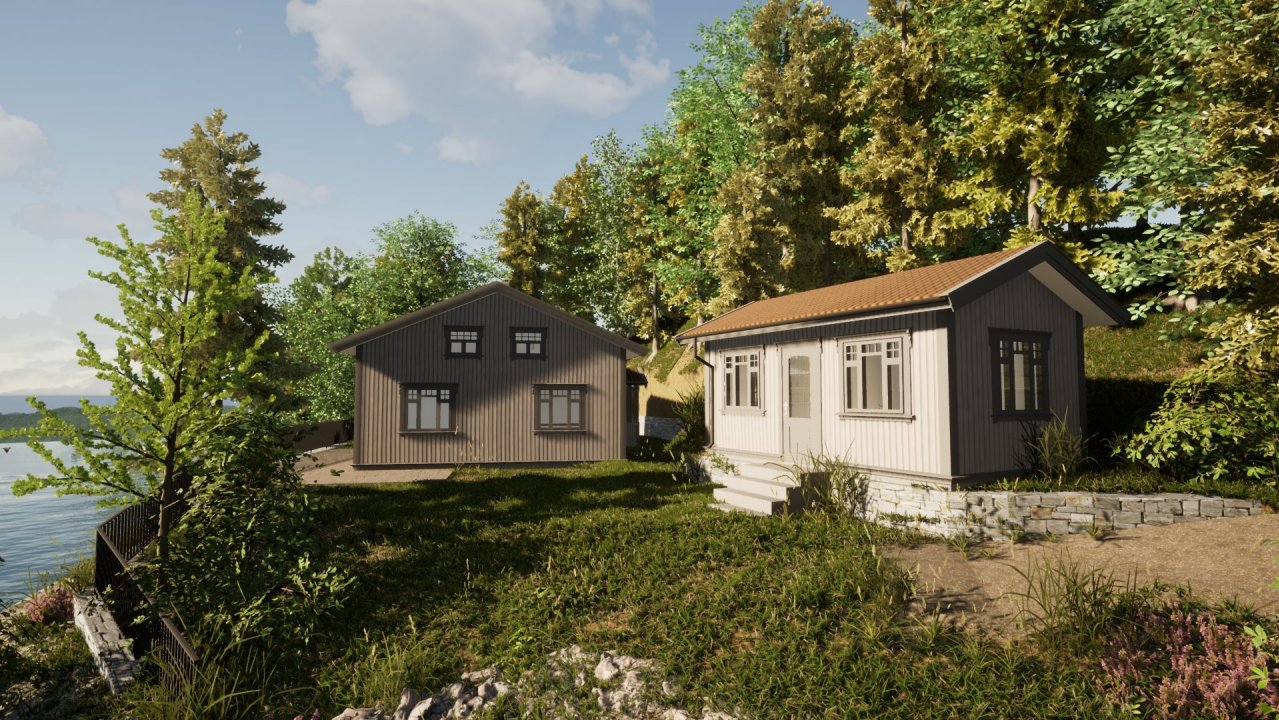 3D-visualisering av to hus i et naturlig landskap med vann i bakgrunnen.