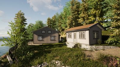 3D-visualisering av to hus i et naturlig landskap med vann i bakgrunnen.