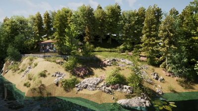 3D-visualisering av en hytte eller bygning plassert på en skråning med vegetasjon og vann i forgrunnen.