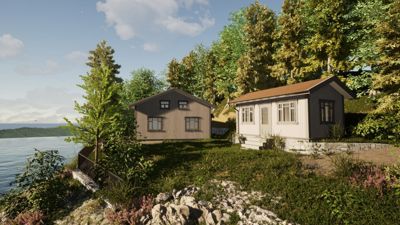 3D-visualisering av to hus på en tomt ved vannet, med detaljert landskap og vegetasjon.
