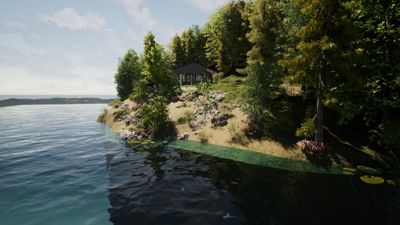 3D-visualisering av en hytte på en kysttomte med vann og skog.