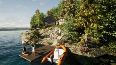 3D-visualisering av en hytte ved vannet med en brygge, båt og personer.