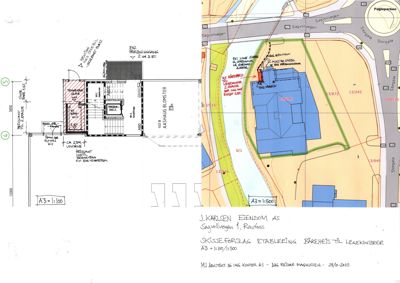 Situasjonsplan som viser bygningens plassering i forhold til nabolag, veier og tomtegrenser.