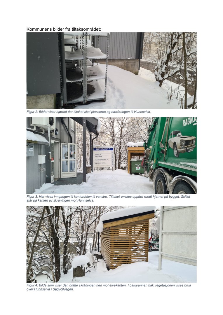 Fotografier av et tiltaksområde med snø, inkludert en bygning, en skraldetruck og en utedo.