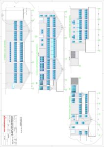 Fasadetegning som viser bygningens utseende fra flere vinkler (vest, syd, øst, nord) med mål og detaljer.