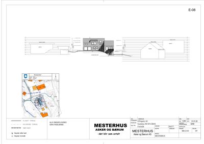 Bildet viser en situasjonsplan med tomtetegning, bygningssilhuett og fasadetegning.