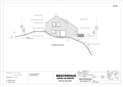Fasadetegning som viser bygningens utseende sett fra syd, med høydeangivelser og terrengprofil.