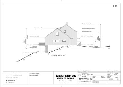 Fasadetegning som viser bygningens utseende sett fra nord, med høydeangivelser og terrengprofil.