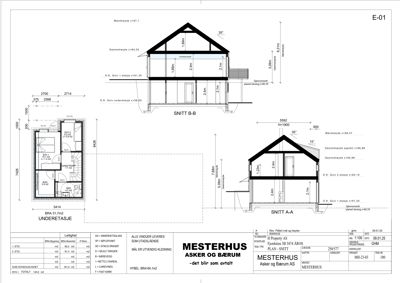 Bildet viser snittegninger (SNITT A-A og SNITT B-B) av en hytte, inkludert etasjeplan for underetasjen.