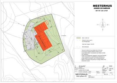 Situasjonsplan som viser tomtens form, grenser, høydeforhold og plassering av bygningene.