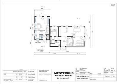 Etasjeplan (1. ETASJE) som viser romfordeling, mål og funksjoner i en bolig.