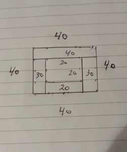 Håndskrevet skisse av etasjeplan eller romfordeling med angitte mål (40, 30, 20).