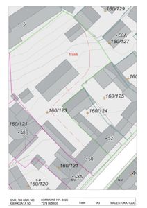 Situasjonsplan som viser eiendomsnummer (BNR), grenser, og en rød trasélinje for en planlagt vei eller gangvei.