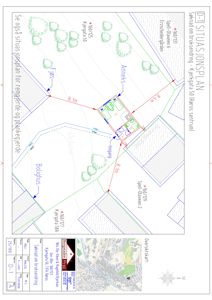 Situasjonsplan som viser tomtens beliggenhet, naboeiendommer, vegforhold og planlagt plassering av bygninger.