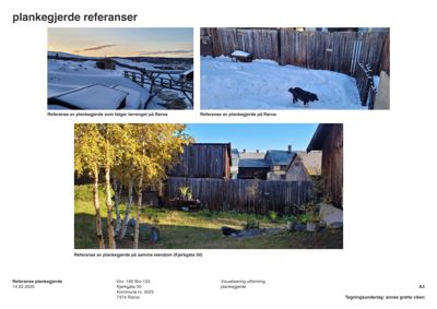 Bildet viser en samling fotografier (referanser) av plankegjerdet som er installert på eiendommen. Det er også en illustrasjon av hvordan gjerdet kan se ut med trær.