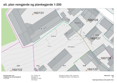 Situasjonsplan som viser plassering av nytt remgjerde og plankegjerde i forhold til nabotomter og eiendomsgrenser.