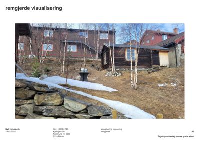 Fotografi av en eksisterende bygning med en digitalisert visualisering (røde linjer) som viser en planlagt plassering av et nytt remgjerde.