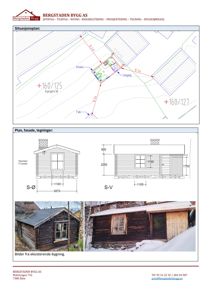 Situasjonsplan som viser bygningens plassering på tomten med angitte mål og høyder.